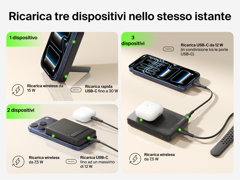 Slim Magnetic Power Bank 10K with Qi2 powering three devices including smartphone, earbuds, and smartwatch at once