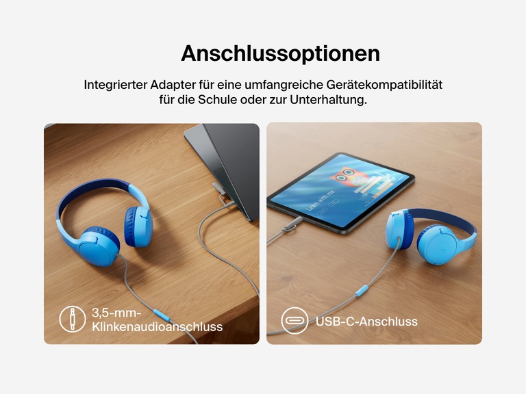 Side-by-side images showing Belkin Wired On-Ear Headphones for Kids connected to a laptop via 3.5mm audio jack and to a tablet via USB-C, demonstrating broad device compatibility.