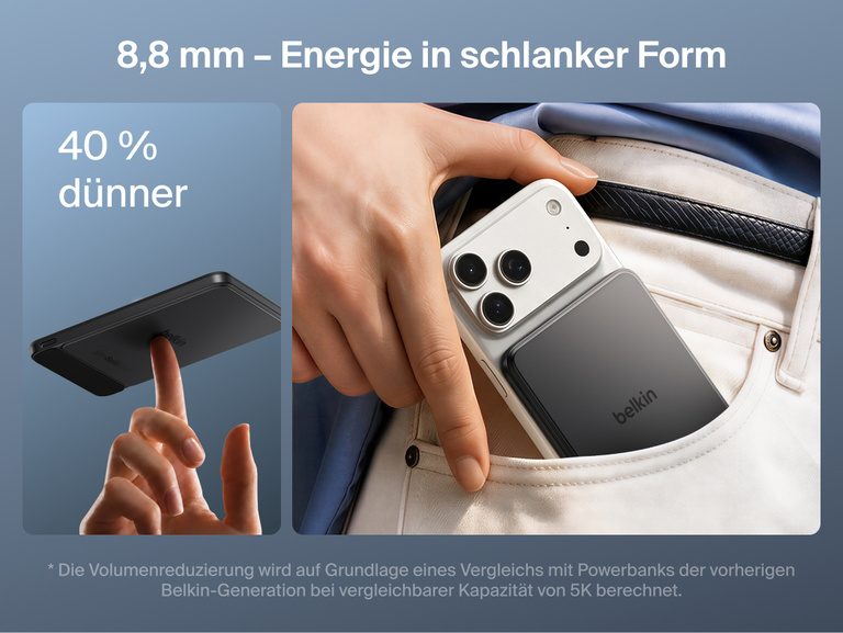 Die Belkin UltraCharge Pro schlanke magnetische Powerbank 5K mit BoostSolid-Zelle wird balancierend auf einer Fingerspitze und in einer Tasche an ein Smartphone befestigt gezeigt, wodurch das d&uuml;nne Profil von 7,62&nbsp;mm betont wird.