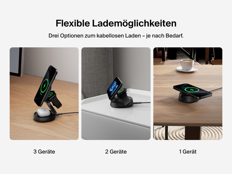 Belkin BoostCharge kompakte, magnetische 3-in-1-Ladestation wird im 3-Geräte-, 2-Geräte- und 1-Gerät-Lademodus gezeigt, der das flexible, kabellose Laden unterstützt.