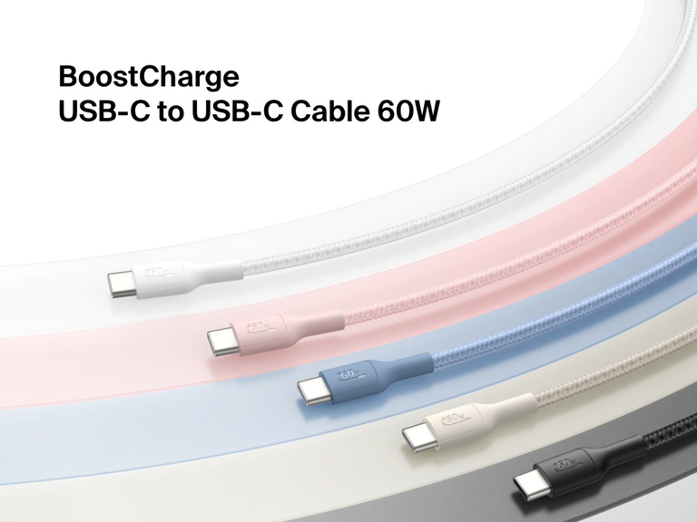 Belkin BoostCharge Pro Braided USB-C to USB-C Cable 60W shown in multiple colors, designed for fast charging and durability with reinforced nylon braiding.