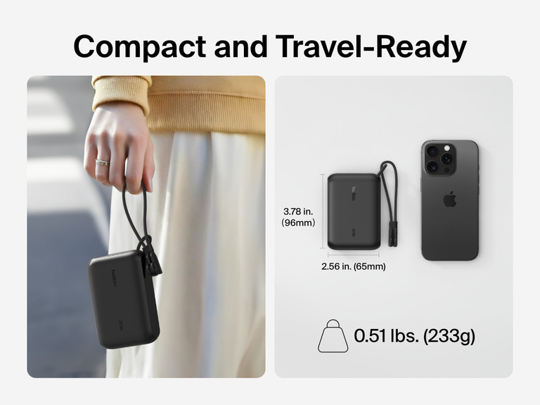 Belkin BoostCharge Power Bank 10K with Display shown in hand and beside a smartphone to highlight its compact, travel-ready design with dimensions of 3.78 x 2.56 inches and a lightweight build of 0.51 lbs (233g).