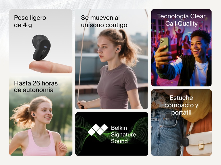 Belkin SoundForm Anywhere Wireless Earbuds shown with lightweight 4g design, up to 26h battery life, clear call quality, pocket-perfect case, and Belkin Signature Sound.