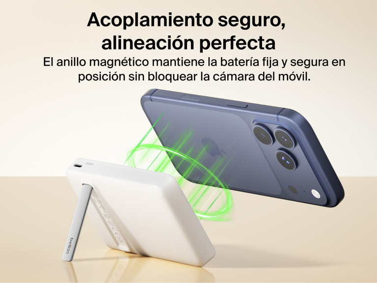 Slim Magnetic Power Bank 10K with Qi2 wirelessly charging smartphone on kickstand with power output indicators