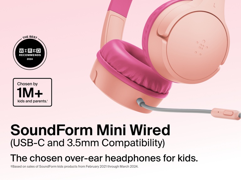 Close-up image of the Belkin SoundForm Mini Wired On-Ear Headphones for Kids, featuring a detachable boom mic and compatibility with USB-C and 3.5mm, promoted as the top choice for over one million kids and parents.