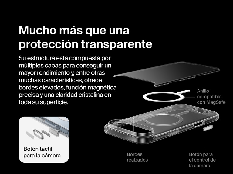 Belkin SheerForce Clear Series Case for iPhone 17 with raised edges, MagSafe-compatible ring, touch-sensitive camera button, and layered clear protection design.