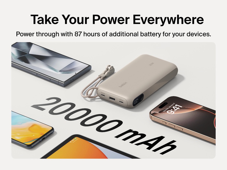 Belkin BoostCharge Power Bank 20K with Display shown delivering up to 87 hours of extra battery life with a 20,000mAh capacity, compact design, and detachable USB-C cable for portable power on the go.