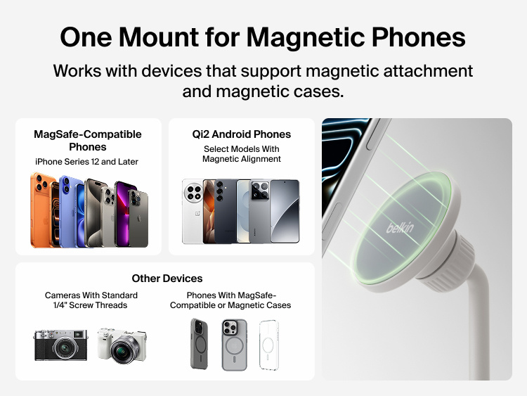 Image showing Belkin Stage Creator Kit magnetic mount compatible with MagSafe iPhones, Qi2 Android phones, and devices with magnetic cases or standard 1/4-inch screw threads for universal use.