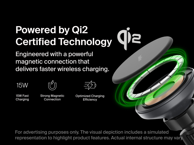 Belkin BoostCharge Magnetic Wireless Charging Car Vent Mount shown with an exploded view of its Qi2-certified magnetic coil system highlighting 15W fast charging, strong magnetic connection, and optimized efficiency.