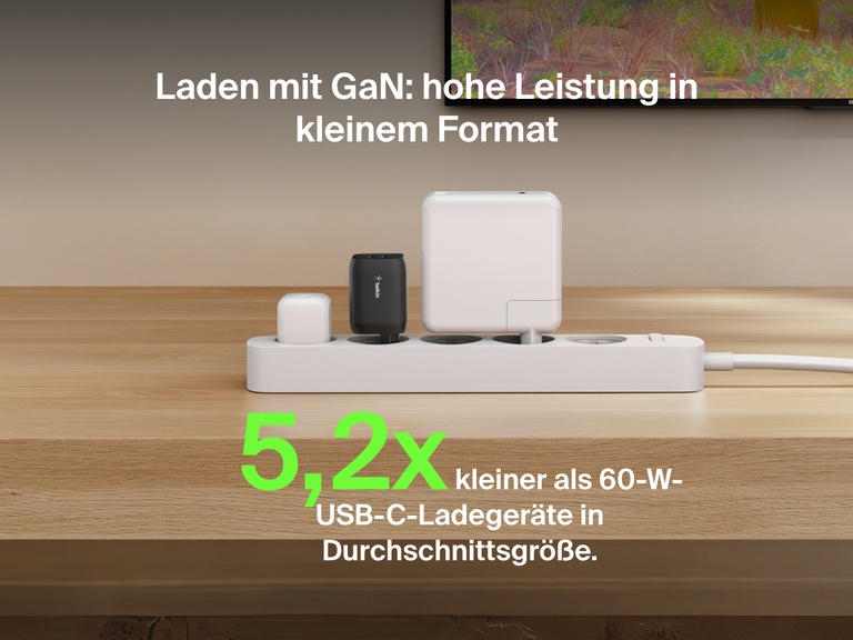 Das Belkin Gaming USB-C-Ladegerät0W) mit zwei Anschlüssen verwendet GaN-Technologie, die für eine hohe Leistung in einer kompakten Größe sorgt. Es wird als 5,2 Mal kleiner als herkömmliche 60-W-USB-C-Ladegeräte gezeigt.