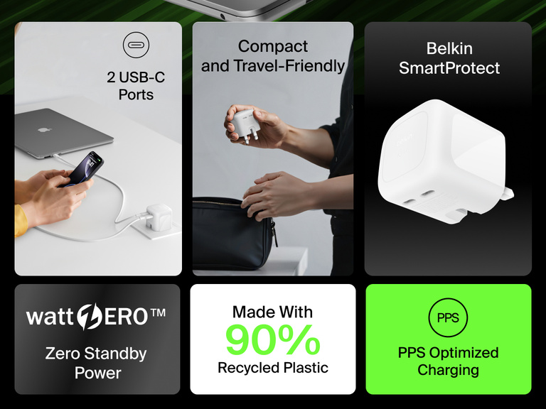Belkin BoostCharge Pro Dual USB-C GaN Wall Charger 67W shown highlighting dual ports, PPS fast charging, SmartProtect safety, and eco-friendly design made with 90% recycled plastic