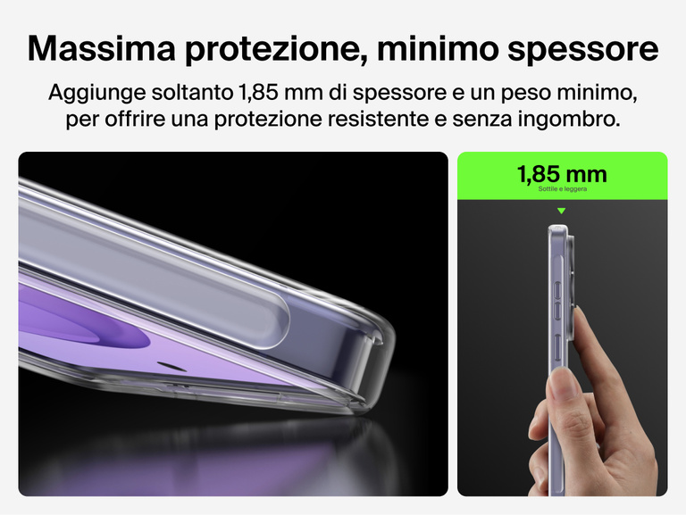 Belkin SheerForce Clear Series Case for Samsung Galaxy S26 shown in side profile, highlighting a slim 1.85 mm design that adds minimal thickness while delivering durable, everyday phone protection.