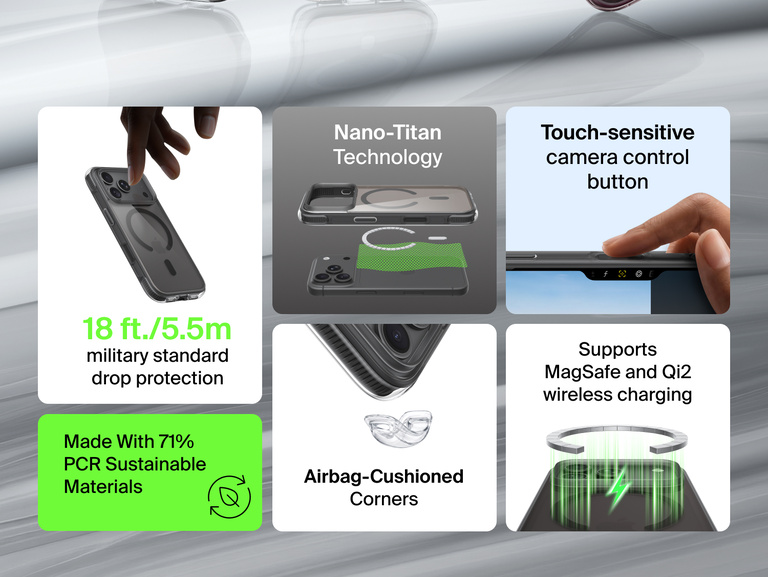 Belkin Protect+ Series Case for iPhone 18 features 18 ft./5.5m drop protection, airbag-cushioned corners, Nano-Titan technology, touch-sensitive Camera Control and MagSafe and Qi2 wireless charging support.