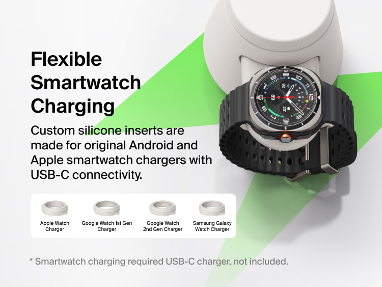 Belkin UltraCharge Modular Charging Dock with Qi2 25W featuring flexible smartwatch charging with interchangeable inserts compatible with Apple Watch, Google Watch, and Samsung Galaxy Watch USB-C chargers.
