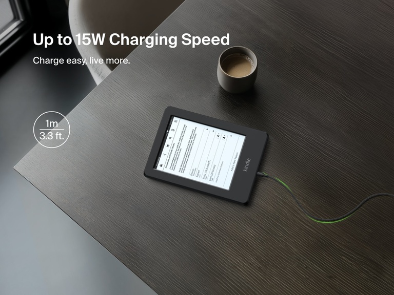Top-down view of a Kindle charging with the Belkin BoostCharge USB-C to Micro-USB Braided Cable 15W, emphasizing 1-meter length and up to 15W charging speed.