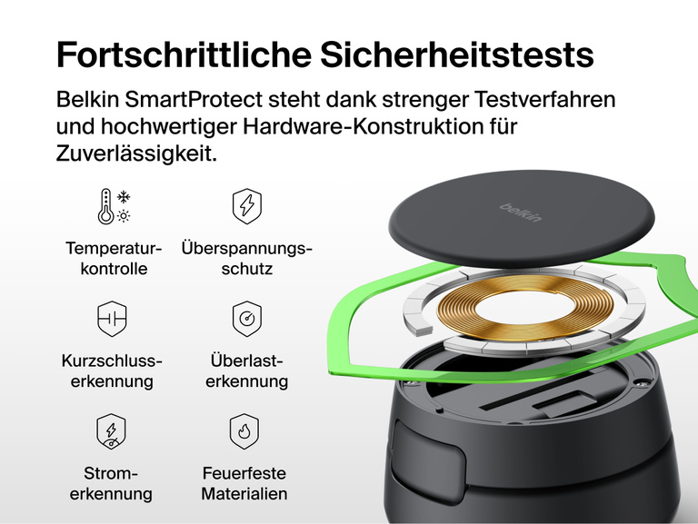 Die Belkin UltraCharge Pro verstellbare, magnetische 2-in-1-Ladestation mit Qi2&nbsp;25W hat Belkins SmartProtect Sicherheitstests in Bezug auf Temperaturkontrolle, &Uuml;berspannungs- und Kurzschlussschutz sowie &Uuml;berstrom- und &Uuml;berlasterkennung bestanden und verf&uuml;gt &uuml;ber feuerfeste Materialien.