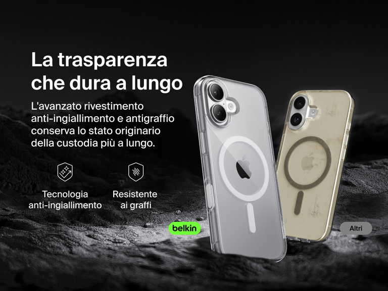 Belkin SheerForce Clear Series Case for iPhone 17 with anti-yellowing and scratch-resistant technology compared to discolored generic case.