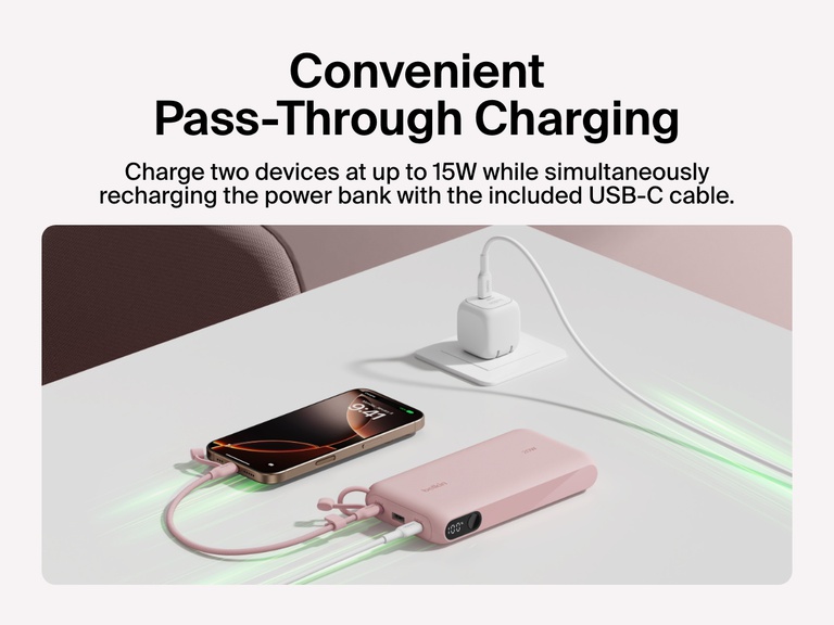 Belkin BoostCharge Power Bank 20K with Display shown using pass-through charging to power two devices at up to 15W while recharging the power bank via the included USB-C cable.