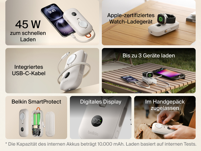 Belkin BoostCharge Pro Powerbank 10K mit Apple Watch Ladeger&auml;t mit 45&nbsp;W zum schnellen Laden, USB-C-Kabel, Digitalanzeige, Apple-zertifiziertem Modul zum Laden der Watch, Belkin SmartProtect-Technologie; im Handgep&auml;ck zugelassen.