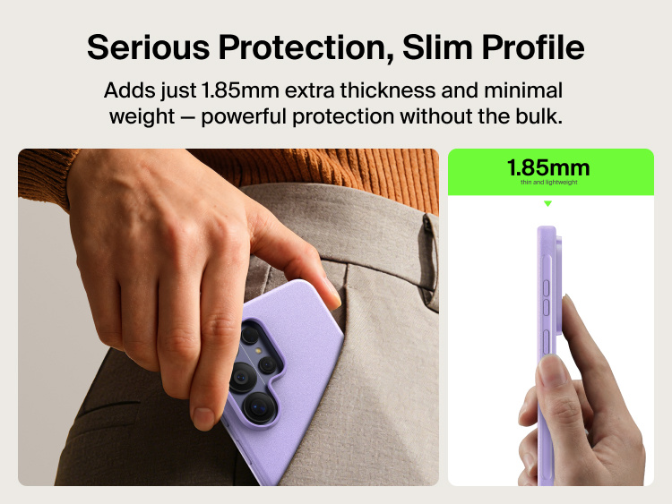 Belkin SheerForce Protect Series Case for Samsung Galaxy S26 shown in hand with an ultra-slim 1.85 mm profile, delivering lightweight everyday protection without added bulk.