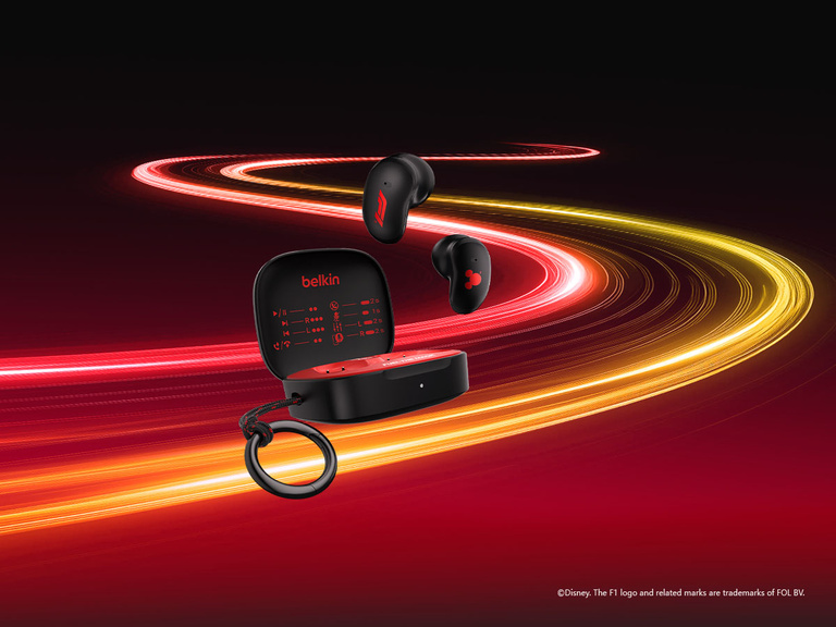 Belkin SoundForm Anywhere Wireless Earbuds with charging case shown on feather highlighting lightweight comfort, secure semi in-ear fit, IPX4 water resistance, and 3 EQ presets.