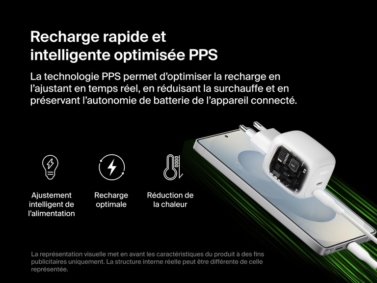 Image du chargeur secteur GaN à deux ports USB-C Belkin BoostCharge Pro (67 W) avec PPS pour un ajustement intelligent de l’alimentation et une surchauffe réduite.