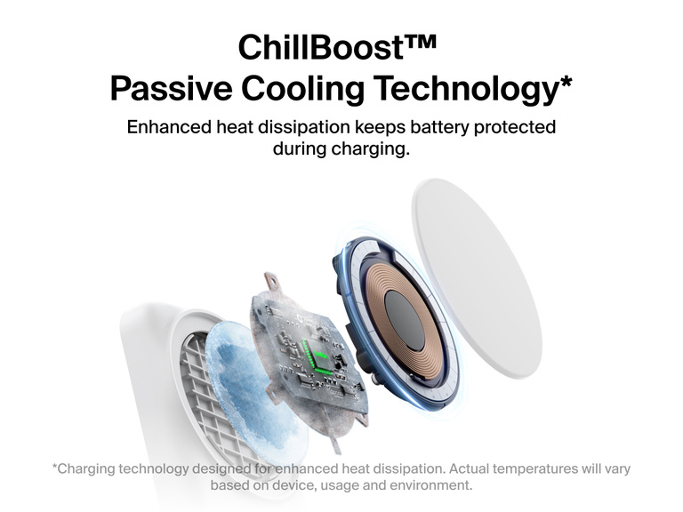 Belkin UltraCharge 2-in-1 Foldable Magnetic Charger with Qi2 25W featuring ChillBoost™ passive cooling technology for enhanced heat dissipation and battery protection during charging.