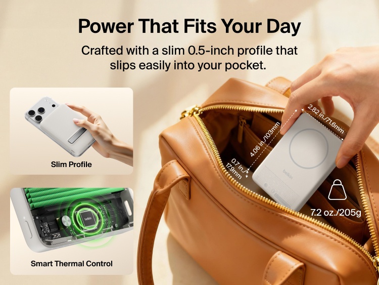Slim Magnetic Power Bank 10K with Qi2 placed inside bag showing compact size and portability with dimension callouts