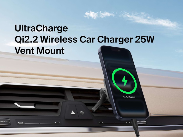 Belkin UltraCharge Magnetic Wireless Charging Car Vent Mount with Qi2.2 25W securely holds and wirelessly charges a smartphone on a vehicle air vent.