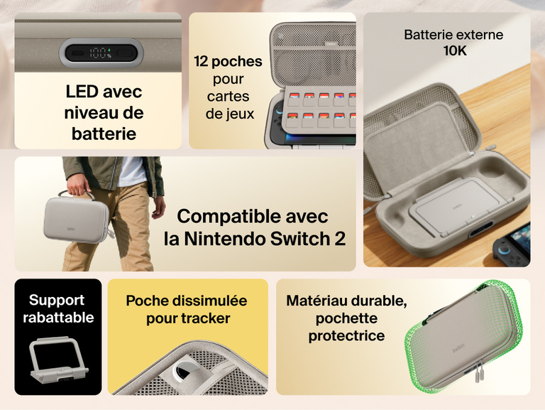 Feature overview of the Belkin Gaming Charging Case Pro for Nintendo Switch 2 highlighting built-in 10K power bank, LED battery indicator, flip-up stand, game card storage, smart tracker pocket, and durable protective design.