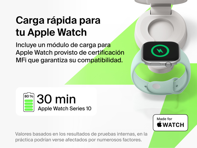 El cargador magn&eacute;tico convertible 2 en 1 con Qi2 de 25 W Belkin UltraCharge recarga un Apple Watch por carga r&aacute;pida mediante un m&oacute;dulo de carga con certificaci&oacute;n MFi. Es capaz de cargar cualquier modelo compatible hasta el 80 % en unos 30 minutos.