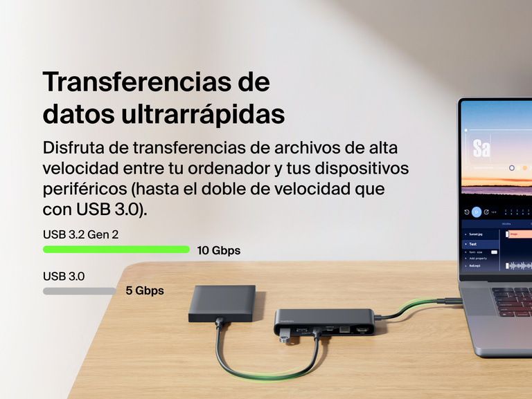 Se muestra el hub USB-C de 8 puertos con 2.5Gb Ethernet de Belkin conectado a un portátil y un disco duro externo, resaltando el rendimiento que proporciona la conectividad por USB 3.2 Gen 2 con transferencias de datos ultrarrápidas de 10 Gbps.