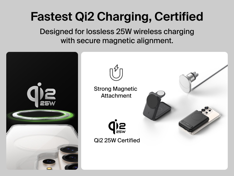 Belkin SheerForce Clear Series Case for Samsung Galaxy S26 shown supporting Qi2-certified 25W wireless charging with secure magnetic alignment for fast, efficient, and reliable charging.