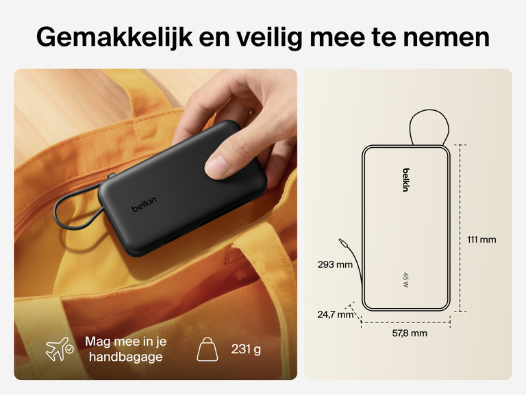 Belkin UltraCharge 10K power bank with integrated USB-C cable and digital display shown as a lightweight, TSA carry-on approved portable charger for everyday travel
