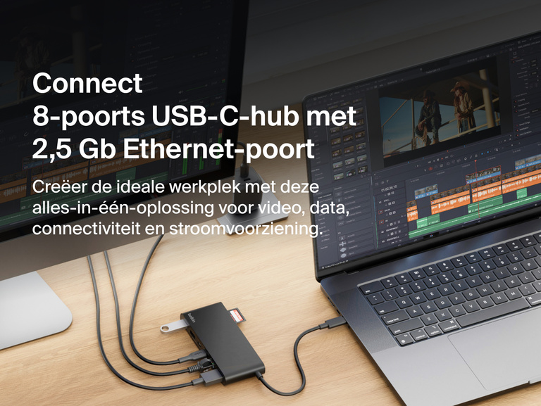 Belkin Connect 8-poorts USB-C-hub met 2,5 Gb Ethernet-poort die een laptop verbindt met een desktopmonitor ter ondersteuning van gegevensoverdracht met hoge snelheden, een uitgebreid bureaublad en het opladen van apparaten voor een gestroomlijnde werkplek.