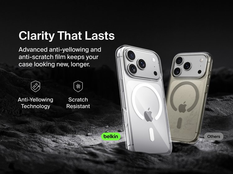 Belkin SheerForce Clear Series Case for iPhone 17 with anti-yellowing and scratch-resistant technology compared to discolored generic case.