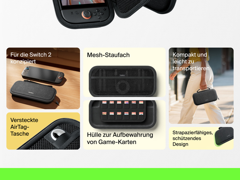 Infografik, die die Merkmale des Belkin Gaming Travel Case für die Nintendo Switch 2 zeigt: Mesh-Staufach, Game-Kartenhülle, verstecktes AirTag-Fach und kompaktes, robustes Design.