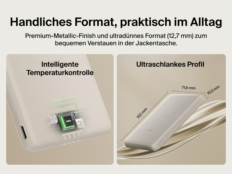 Belkin BoostCharge Slim Magnetic Power Bank 5K shown with smart thermal control and ultra-slim 0.5-inch profile designed for portable, pocket-friendly charging.