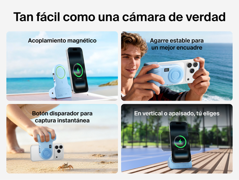 Belkin Stage PowerGrip shown in various scenes demonstrating magnetic snap-on attachment, stable camera-like grip, one-touch shutter, and easy portrait or landscape phone positioning.