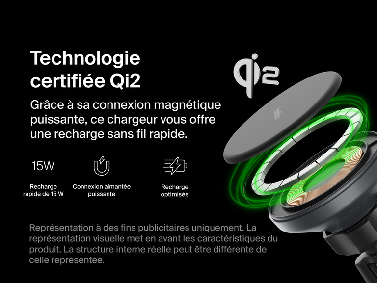 Exploded view of the Belkin BoostCharge Magnetic Wireless Charging Car Vent and Dash Mount highlighting its Qi2-certified 15W fast charging, strong magnetic connection, and optimized charging efficiency.