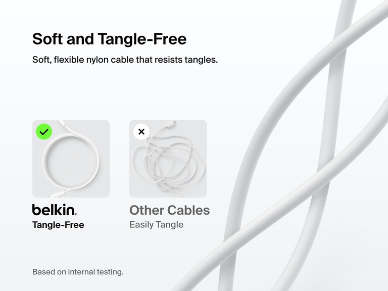 Belkin BoostCharge USB-C Cable with Lightning Connector features a soft, flexible nylon design that resists tangles for hassle-free everyday use.