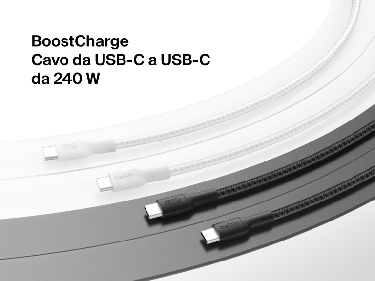 Flat lay of two black and two white Belkin BoostCharge Pro USB-C to USB-C Braided Cables 240W coiled on a gradient background with product name displayed in black text.