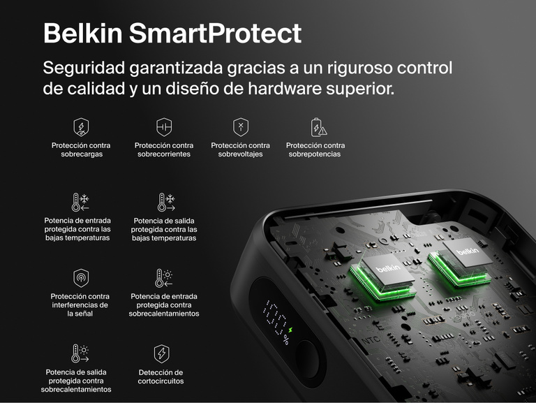 Belkin UltraCharge 10K power bank with integrated USB-C cable and digital display featuring SmartProtect safety system with multiple protection layers for reliable charging