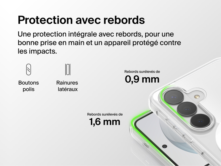 Belkin SheerForce Clear Series Case for Samsung Galaxy S26 shown with elevated edge protection, featuring raised front and camera edges, tactile buttons, and grooved sides for enhanced grip and impact protection.