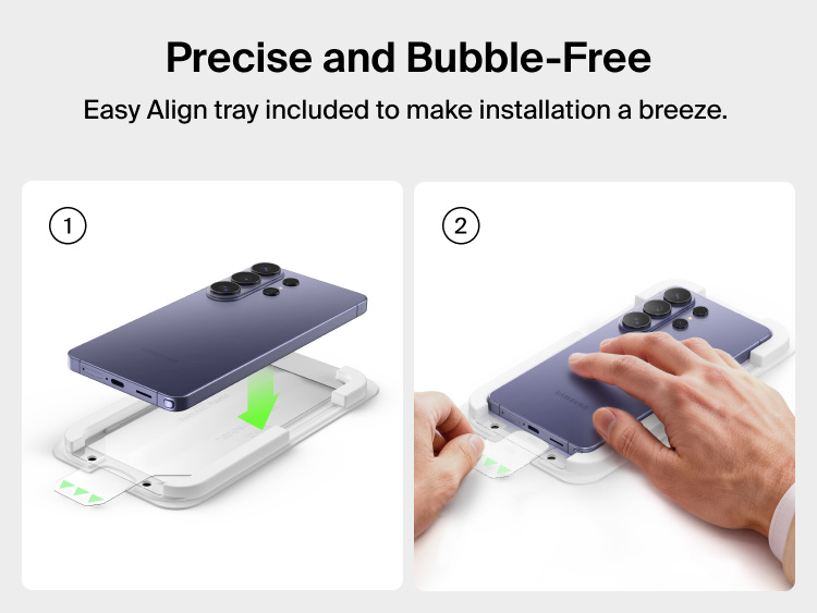 Belkin ScreenForce Titan SmartShield Anti-Reflective Screen Protector for Samsung Galaxy S26 showing Easy Align tray installation for precise, bubble-free application.