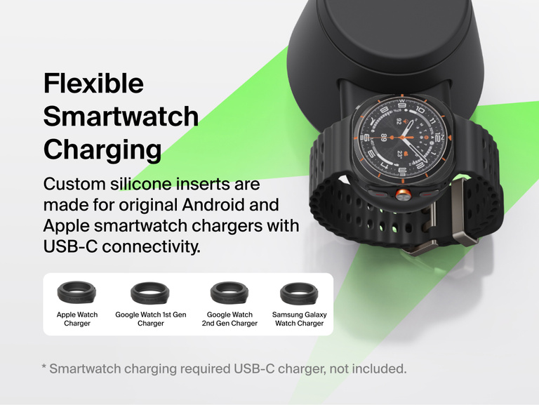 Belkin UltraCharge Modular Charging Dock with Qi2 25W featuring flexible smartwatch charging with interchangeable inserts compatible with Apple Watch, Google Watch, and Samsung Galaxy Watch USB-C chargers.