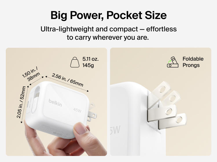Belkin UltraCharge 45W retractable GaN wall charger compact design with foldable prongs, lightweight 145g build, and pocket-size dimensions for travel convenience