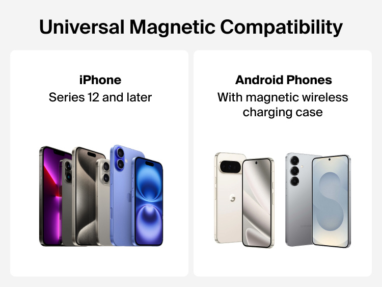 Belkin BoostCharge Magnetic Wireless Charging Car Vent and Dash Mount shown with universal magnetic compatibility for iPhone Series 12 and later and Android phones using magnetic wireless charging cases.