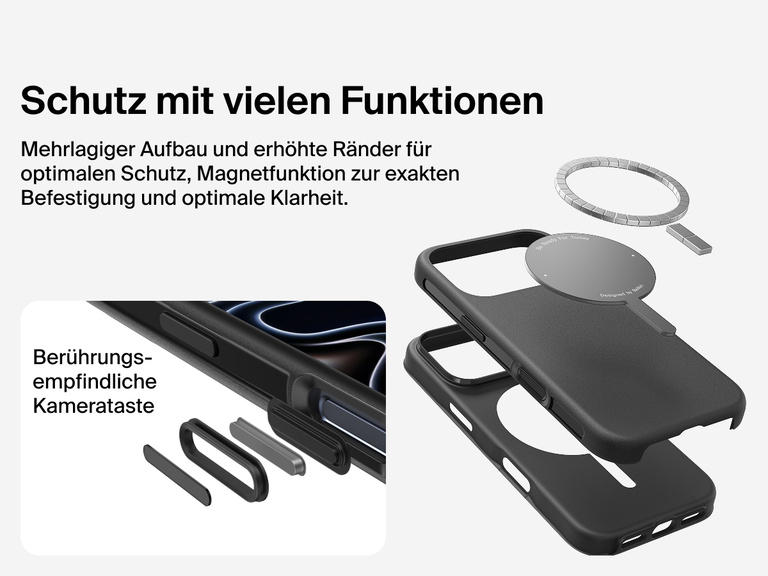 Belkin H&uuml;lle der SheerForce Protect Serie f&uuml;r iPhone 17, geeignet f&uuml;r MagSafe und Qi2 zur zuverl&auml;ssigen magnetischen Befestigung an Ladeger&auml;ten und anderem Zubeh&ouml;r.