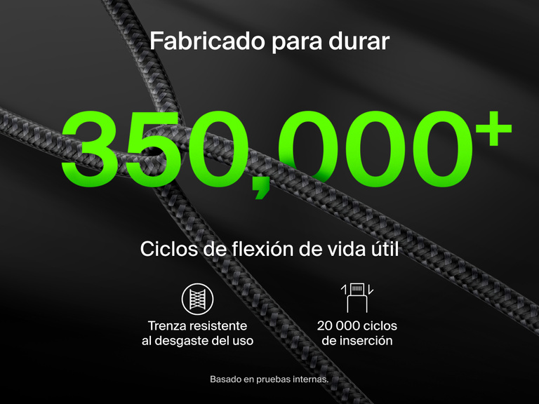 El cable trenzado USB-C a doble USB-C BoostCharge Pro de Belkin ha sido fabricado ofrecer una gran durabilidad gracias a un dise&ntilde;o trenzado muy resistente al desgaste del uso intenso diario. Puede absorber m&aacute;s de 350 000 ciclos de flexiones y 20 000 ciclos de inserciones.
